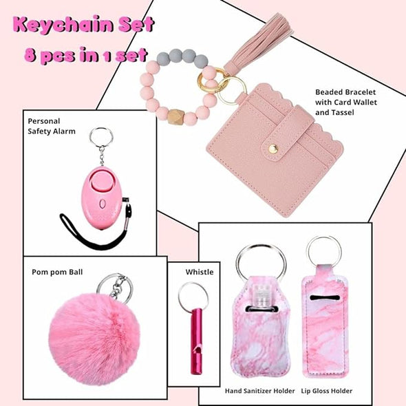 8 in 1 Keychain Wallet Set Safety Accessories for Woman and Girls, Gifts for Mom, Women & Girls