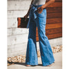 Wide leg trousers  Versatile denim  Tie waist jeans  Stylish trousers  Stretchy jeans  Slim denim trousers  Retro-inspired jeans  High waist pants  Flare jeans  Denim bottoms  Blue jeans  Belted jeans