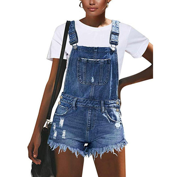 Ripped Denim Overall Shorts - Mecco Shop Women's jumpsuit  Versatile summer outfit  Trendy jumpsuit  Suspenders shorts  Suspenders  Ripped jumpsuit  Ripped denim  Jeans shorts  Fashionable rompers  Denim shorts  Denim overalls  Casual rompers