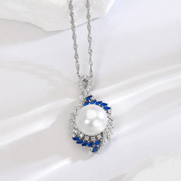 Zircon  Women's jewelry  S925 sterling silver  Round pendant  Pearl pendant  Pearl necklace  Necklaces  Jewelry  Blue crystal