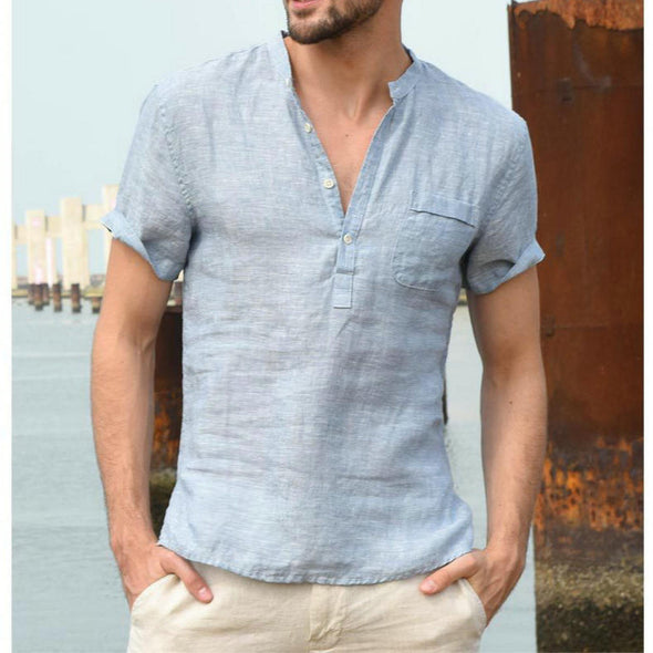 Versatile Wardrobe for men  Timeless Appeal  Stylish Spring-Autumn Attire  Standing Collar  Solid Color Elegance  Relaxed Fit  Modern Masculinity  Men's Shirts  Men's Casual Shirts  Handsome Style top  Cotton Linen Blend shirt  Classic Men's Wear  Fall collection
