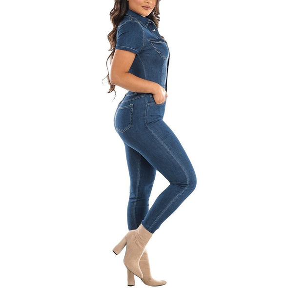 Women's jumpsuit  Trendy jeans  Skinny trouser  Single-breasted closure  Notched short sleeves  Fashion jumpsuit  Denim romper  Denim jumpsuit  Bodysuit overalls
