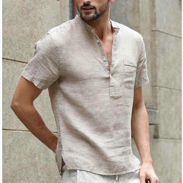 Versatile Wardrobe for men  Timeless Appeal  Stylish Spring-Autumn Attire  Standing Collar  Solid Color Elegance  Relaxed Fit  Modern Masculinity  Men's Shirts  Men's Casual Shirts  Handsome Style top  Cotton Linen Blend shirt  Classic Men's Wear  Fall collection
