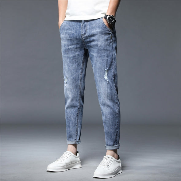 Versatile Wardrobe Addition  Trendy and Fashionable  Summer Jeans  Stylish and Modern Design  Stretch Cotton Fabric  Streetwear Style  Perfect for Summer Wear  Men's Ankle Length Jeans  High Quality Brand  Denim Pants  Casual Trousers