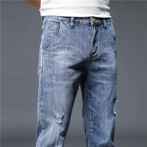 Versatile Wardrobe Addition  Trendy and Fashionable  Summer Jeans  Stylish and Modern Design  Stretch Cotton Fabric  Streetwear Style  Perfect for Summer Wear  Men's Ankle Length Jeans  High Quality Brand  Denim Pants  Casual Trousers