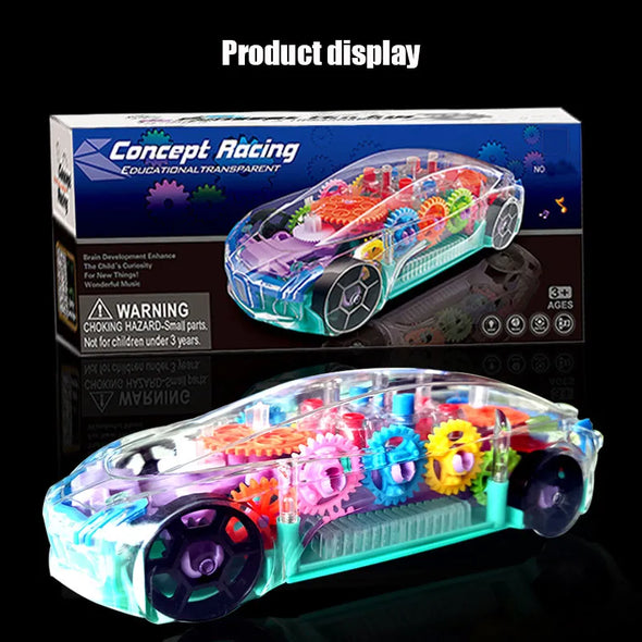 Unisex plaything  Transparent light effects  Racing car playset  Musical racing vehicle  Mechanical gear action  Luminous model car  LED light-up car toy  Kids' entertainment  Hand-eye coordination  Electric racing car toy  Educational toy  Colorful flashing lights  Children's gift  Child-friendly warning  Battery-operated car  ABS plastic construction