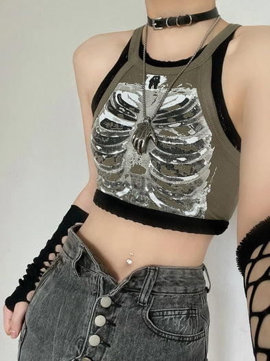 X-ray Skeleton Print Crop Top  Women's Punk Clothing  Trendsetting Summer Attire  Slight Stretch Top  Ribbed Sleeveless Vest  Rebel Chic Style  Punk Aesthetic Vest  Individuality in Fashion  High-Quality Cotton Top  Fashionable Appliques  Emo Style Clothing  Edgy Streetwear  Designer Crop Top  Cyber Retro Sleeveless Top  Alternative Fashion