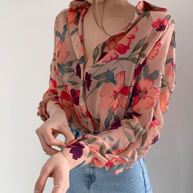 Vintage-Inspired Vintage Floral Charm Versatile Styling Transparent Tops Timeless Appeal Thin Chiffon Blouse Spring-Fall Elegance Floral Print Bliss Elegant Transparent Tops Effortless Grace Chiffon Chic Chic Blouse Casual Yet Elegant Casual Chiffon Shirt Button-Up Beauty Fall collection