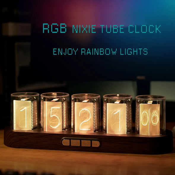 Versatile Light Modes  USB Power Output Port  Unique Desk Decor  Time and Calendar Display  Stylish Desktop Clock  RGB LED Glows  Personalized Gaming Space  Luxury Gift for Tech Enthusiasts  Luxury Box Packing  LED Desk Clock  High-Precision RTC Chip  Gift Idea for Gamers  Gaming Setup Accessories  Gaming Room Essentials  Gaming Desktop Decoration  Digital Nixie Tube Clock  Desktop Clock for Gamers  Decorative RGB Clock  Customizable RGB Lighting  12-Hour and 24-Hour Time Format