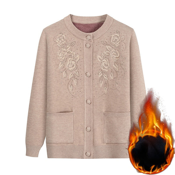 Knitted Sweater Cardigan - Mecco Shop Women's Sweater Warm Clothing Velvet Sweater Coat Sweater Coat Stylish Cardigan Plus Velvet Sweater Middle-Aged Mother Sweater Knitted Sweaters Grandma Sweater Fashionable Knitwear Embroidered Details Embroidered Cardigan Cozy Winter Wear Comfortable Sweater Autumn/Winter Apparel World Senior Citizen Sale