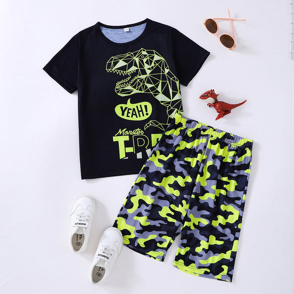 boys  Trendy Dinosaur Graphic Set  Ship From Oversea  Roaring Dinos and Camo Fun  Playful Dinosaur Design  Perfect Summer Set for Boys  Fashionable Camouflage and Dinosaurs  Dino-mite Style Combo  Cool Camo Shorts with Dino Print  Comfy and Stylish Boys' Clothing  Boys' Dinosaur Tee and Camo Shorts  Adventure-ready Boys' Outfit