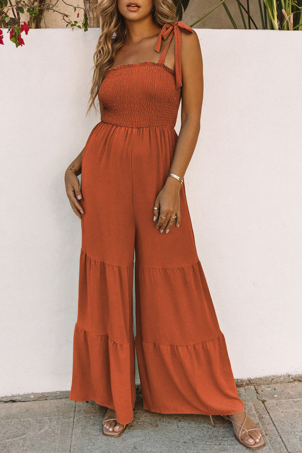 Vacation Ready  Trendy Style  Tiered Silhouette  Tie-Shoulder Design  Summer Fashion  Smocked Bodice  Ship From Oversea  Jumpsuit  Fashionable and Comfortable Fit  Effortless Elegance  Comfortable fit  Boho Chic