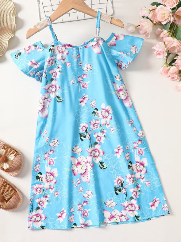 Perfect dress for special occasions  Lightweight fabric  Girls' fashion dress  Flutter sleeves  Floral print  Elegant style  Comfortable fit  Cold-shoulder design